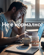 A man sits at a desk with his head in his hand, looking stressed, with a laptop, mug, and a bottle labeled 'Supplement Shilajit MAX' on the table. Large white Russian text overlays the center of the image.