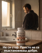 A white bottle of SHILAJIT MAX supplements by 'SUPERMANS' sits on a bathroom counter in front of a sink, with a blurred reflection of a man looking into a mirror in the background. White Russian text is overlaid at the bottom.